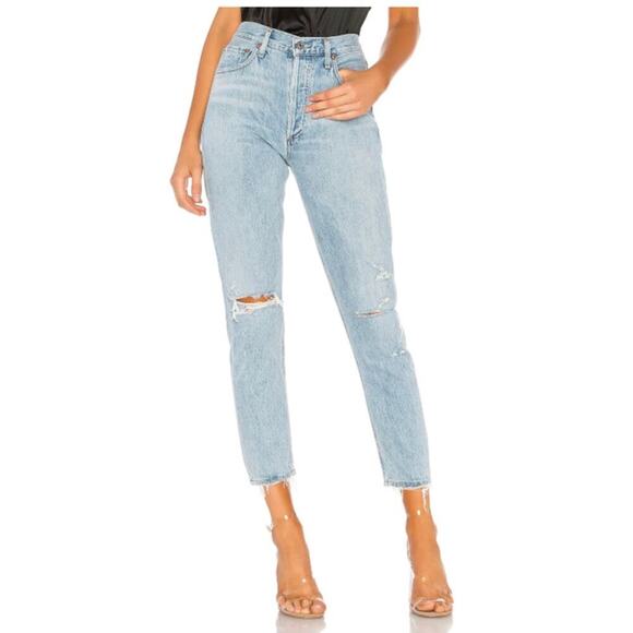 AGolde Jamie High Rise Jeans Light Wash Blue Denim Distressed Ripped size 27 - Picture 1 of 12